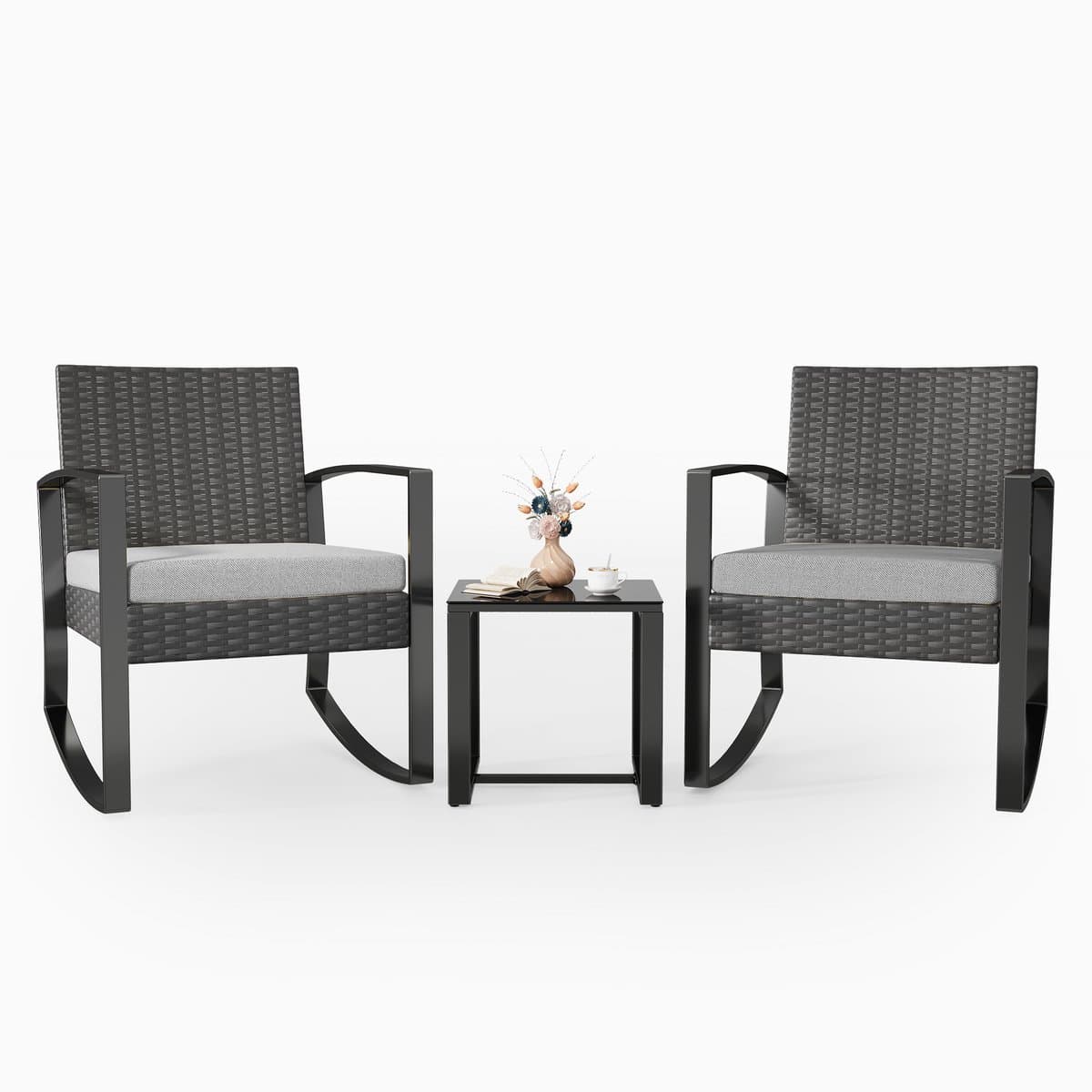 Xbro Tuinset – 3-delige Zitgroep met Rotan Stoel en salontafel , Weerbestendig en Ruimtebesparend – Outdoor loungeset – Balkonset voor Tuin, Terras en Zwembad – 60 x 50 x 80 cm – Grijs