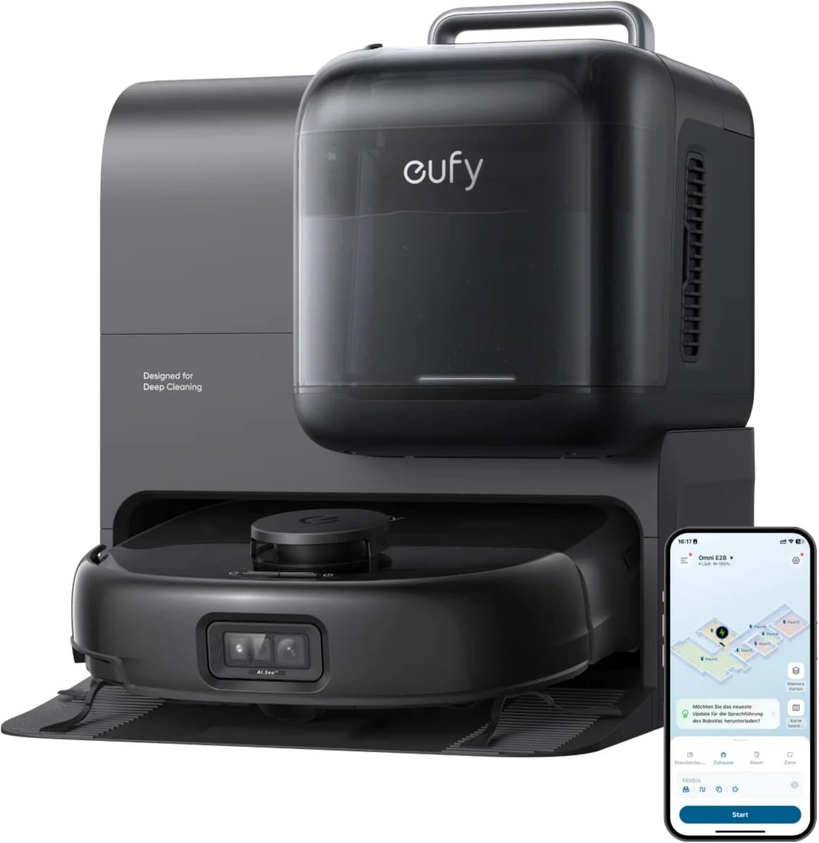 eufy Robotstofzuiger Omni E28, draagbare dieptereiniger, HydroJet dweilsysteem, 20.000 Pa zuigkracht, DuoSpiral borstels die ontklitten, CornerRover arm voor het schoonmaken van hoeken, alles-in-één-station, voor gezinnen met huisdieren en kinderen.