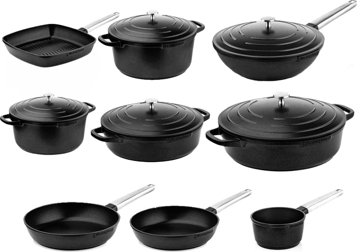 Westinghouse Performance 9-delige Pannenset – Koekenpannen + Braadpannen + Hapjespannen + Wokpan + Grillpan + Steelpan – Inductie – zwartBlauw