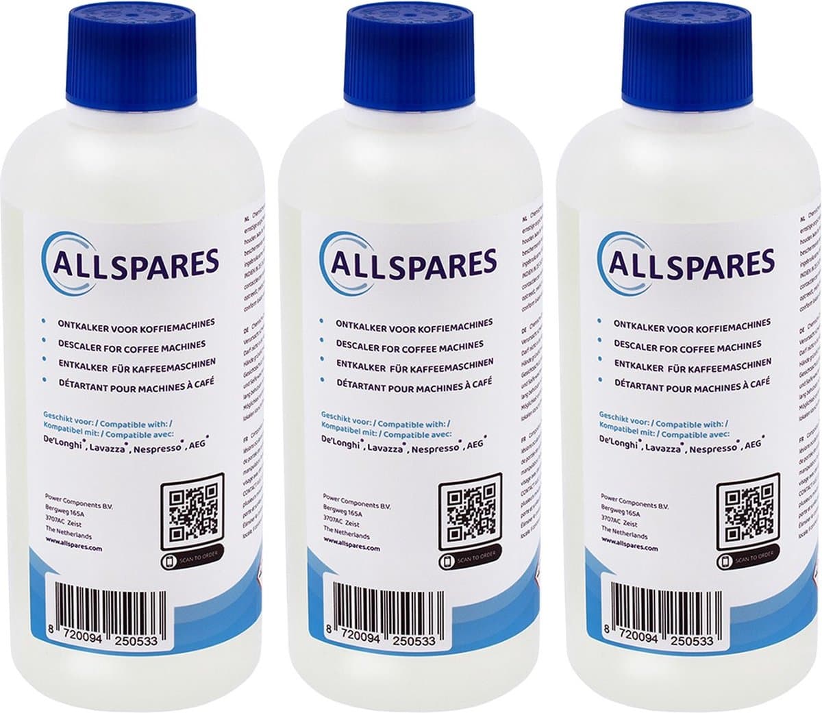 AllSpares Vloeibare Ontkalker (3x 500ml) voor Koffiemachines geschikt voor Delonghi Original EcoDecalk DLSC500