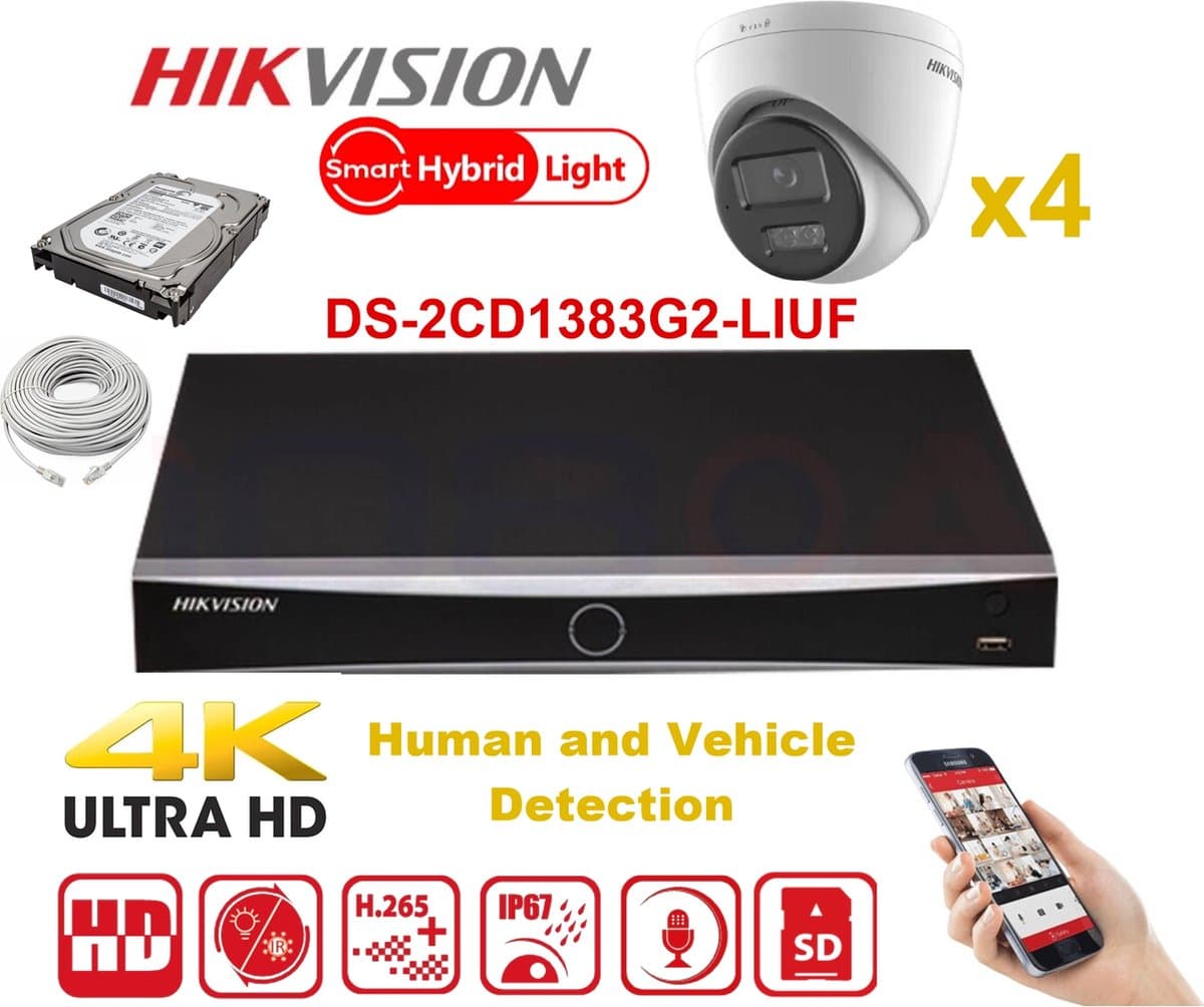 HIKVISION Camerakit Smart Hybrid G2-serie 4x IP-camera Turret 8MP - NVR 4xChannel - Harde schijf 4Tb Uitbreidbaar tot max. 4x IP-camera NIEUW