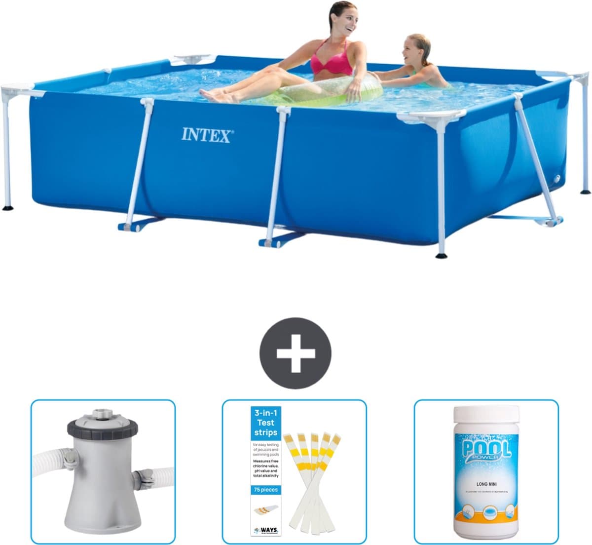 Intex Rechthoekig Frame Zwembad - 220 x 150 x 60 cm - Blauw - Inclusief Zwembadfilterpomp - Testrips - Chloor