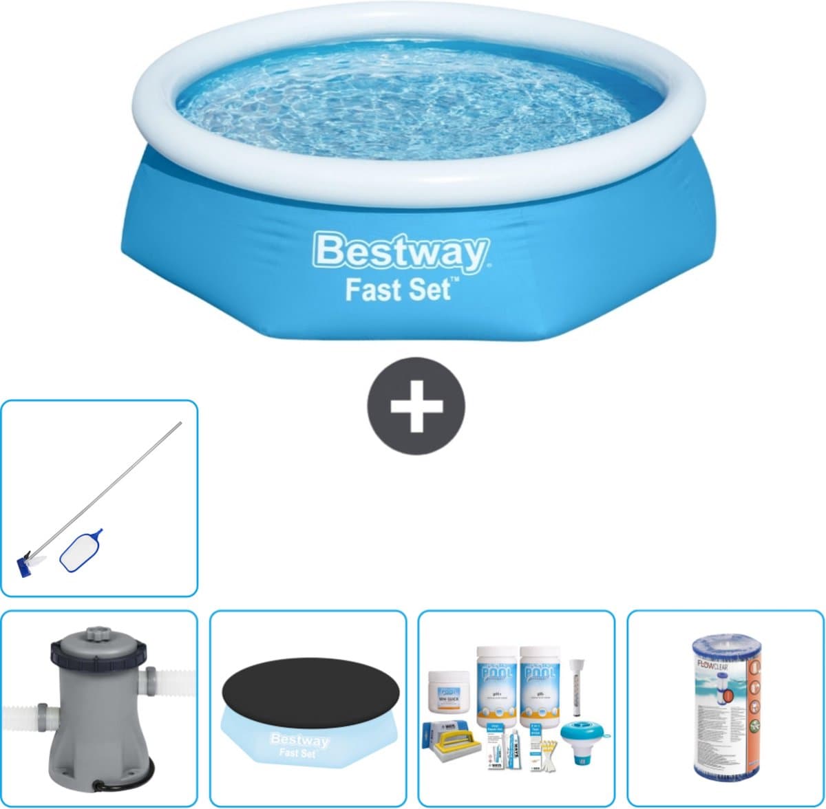 Bestway Rond Opblaasbaar Fast Set Zwembad - 244 x 61 cm - Blauw - Inclusief Pomp Afdekzeil - Onderhoudspakket - Filter - Schoonmaakset