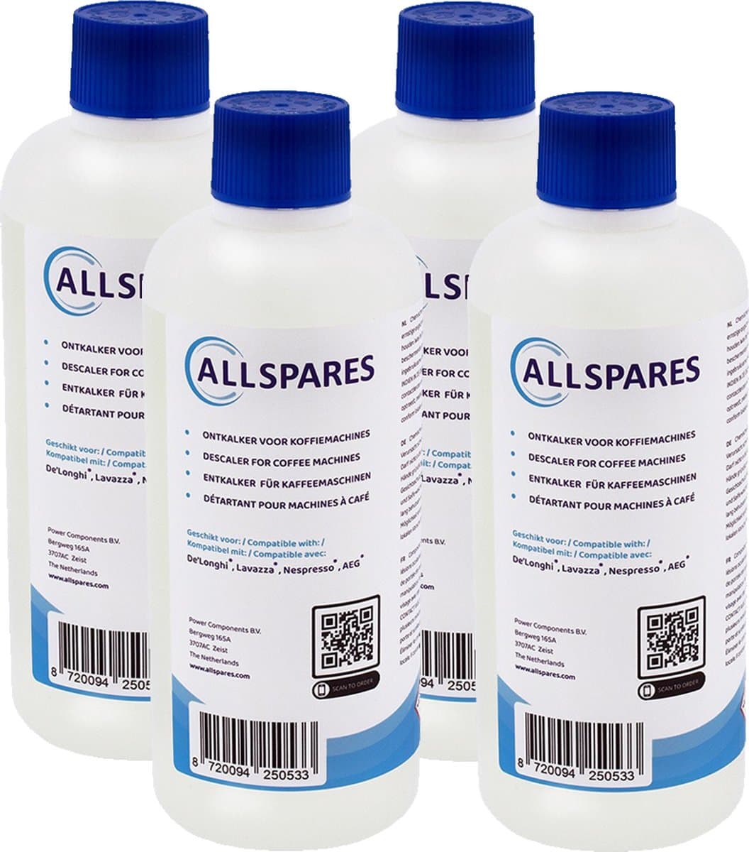AllSpares Vloeibare Ontkalker (4x 500ml) voor Koffiemachines geschikt voor Delonghi Original EcoDecalk DLSC500