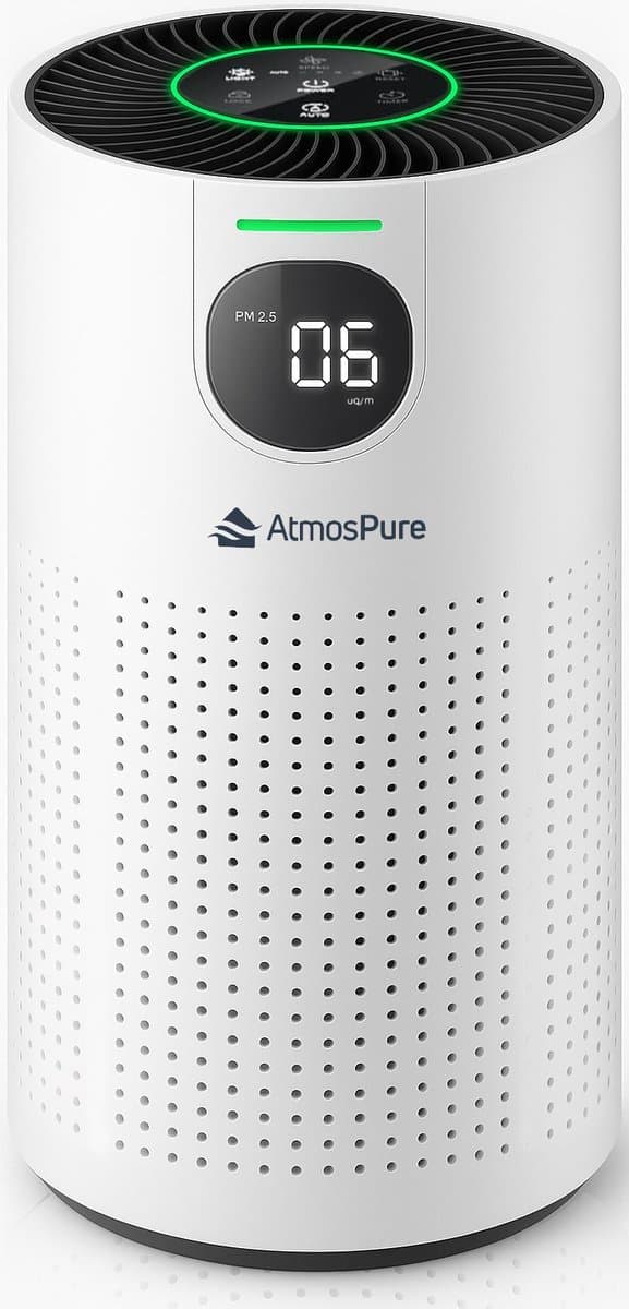 AtmosPure® CleanAir Luchtreiniger - Air Purifier met vervangbaar HEPA 13 + Koolstof filter - CADR 250 m³/h - Wit - Voor 98 m² - Filtert pollen, huisstofmijtallergenen en fijnstof - 3 standen + stille slaapstand - Luchtkwaliteit Sensor