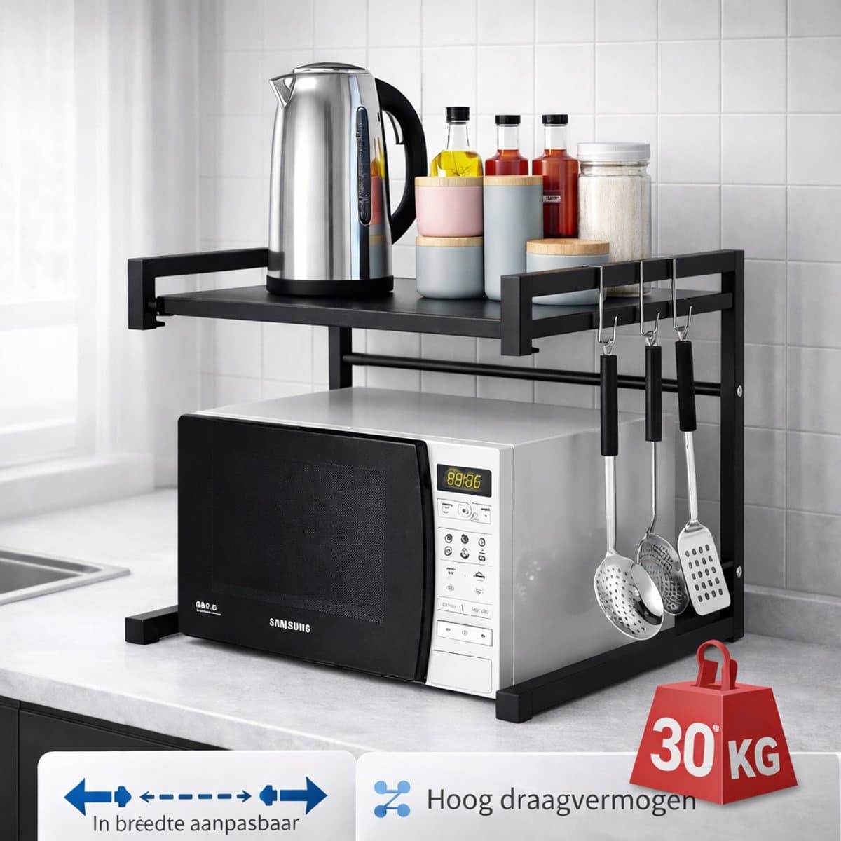 Staande magnetron rek - magnetronkast - keuken organizers - uitschuifbaar 40-65 cm - kruidenrek - NIET ophangbaar - aanrecht organiser - bureau organizer - keuken opbergrek - keukenrek staand - keukenrek - magnetronrek