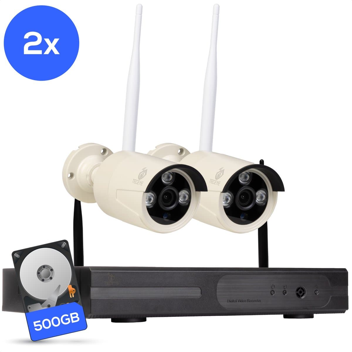 Teceye Compleet Camera Beveiliging Set met 2x Wifi IP Camera - CCTV Camerasysteem - Beveiligingscamera binnen - Wifi Beveiligingscamera Set Buiten - Beveiligingscamera - Beveiligingscamera buiten - Beveiligingscamera Draadloos buiten