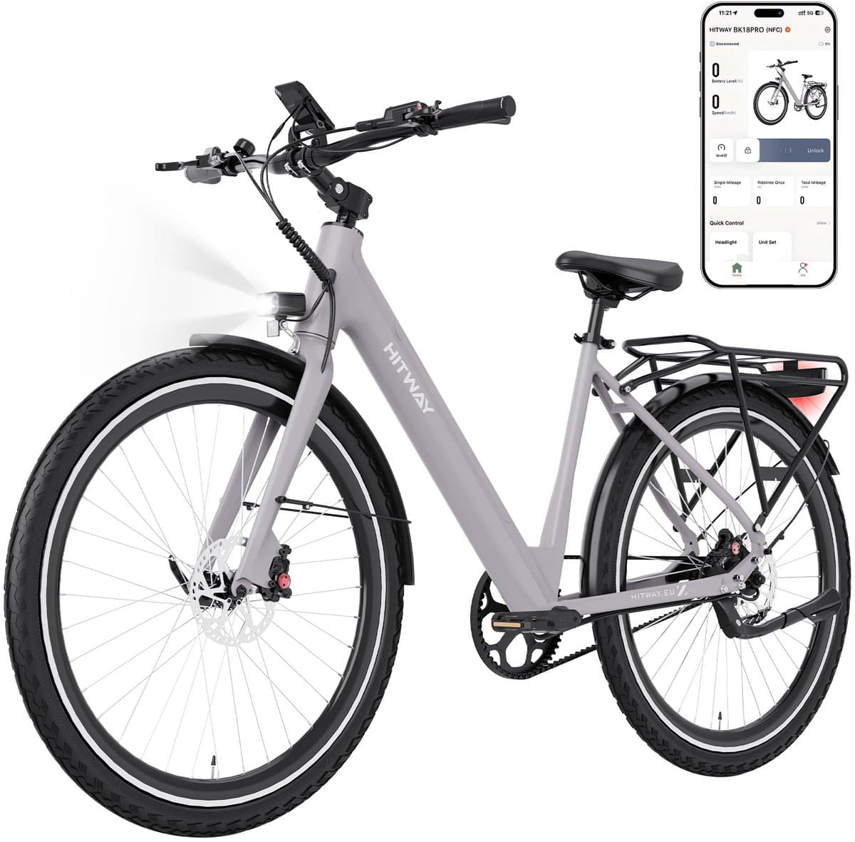 Hitway Elektrische Fiets BK18 Pro - Trendy 28 Inch City Commuter EBike met Afneembare 36V 10.4Ah Lithium Batterij - Mountain E-Bike met 250W Motor - APP Bediening - IP54 Waterdicht