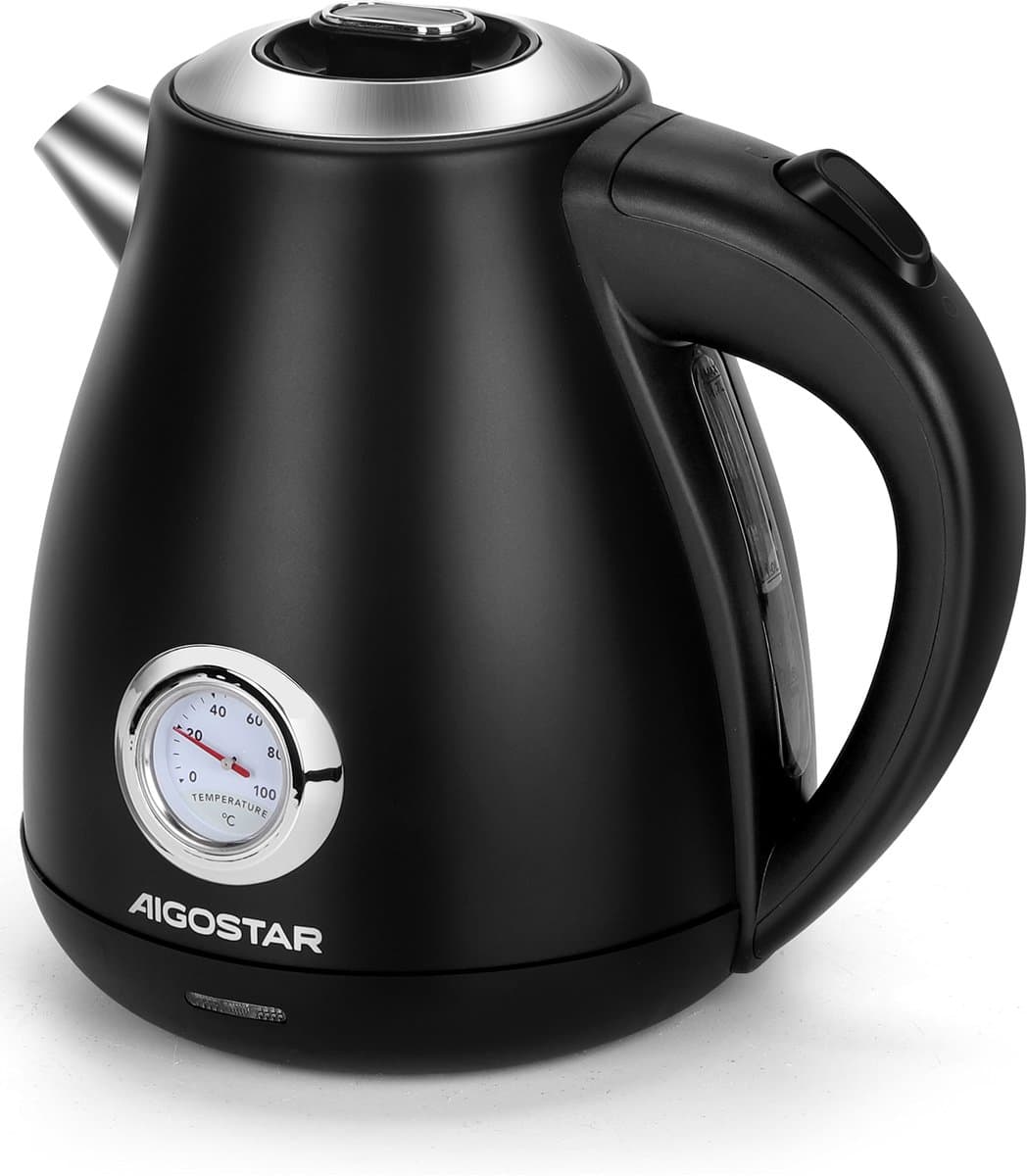 Aigostar Adrian - Retro Waterkoker - Waterkoker met Temperatuurmeter - Inhoud 1,7 liter - BPA-vrij - 2200W - RVS - Zwart