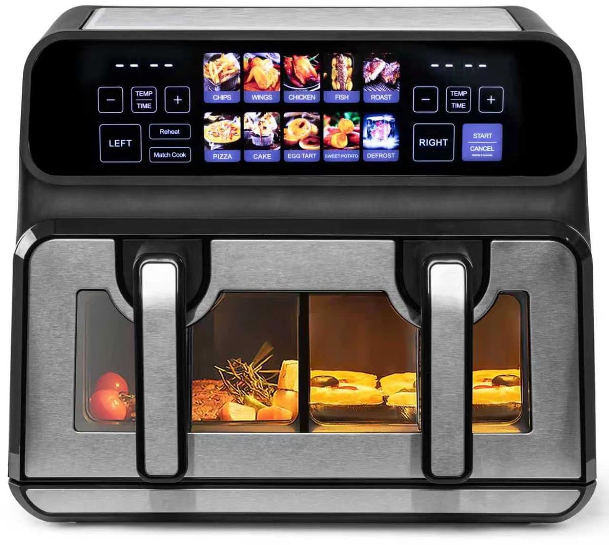 Digitale Airfryer Sinaopus 802 XXL 9L – Heteluchtfriteuse met Dubbele Mand en DualMand Onafhankelijke Snelle Opwarming – Voor Gezinnen – 10 Programma’s – Kijkvenster – Makkelijk te Reinigen – Capaciteit voor 4 Personen