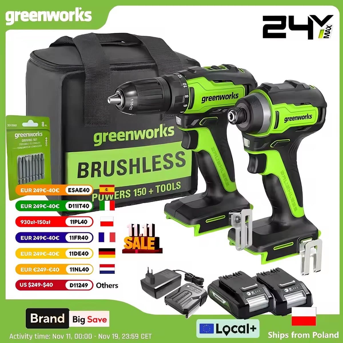 Greenworks Accu Schroefboormachine 24V - 220 Nm Max - Accuboormachines - incl.1/2-inch accuboormachine en 1/4-inch zeshoekige slagschroevendraaier - Incl. 2 Accu's
