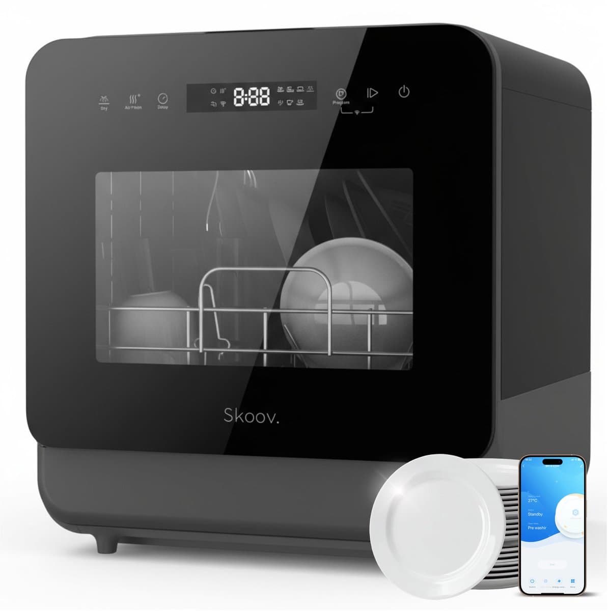 Skoov Mini Vaatwasser met waterreservoir PRO - 5 couverts - 6 wasprogramma's - Kleine smalle vrijstaande afwasmachine - Camping - Zwart