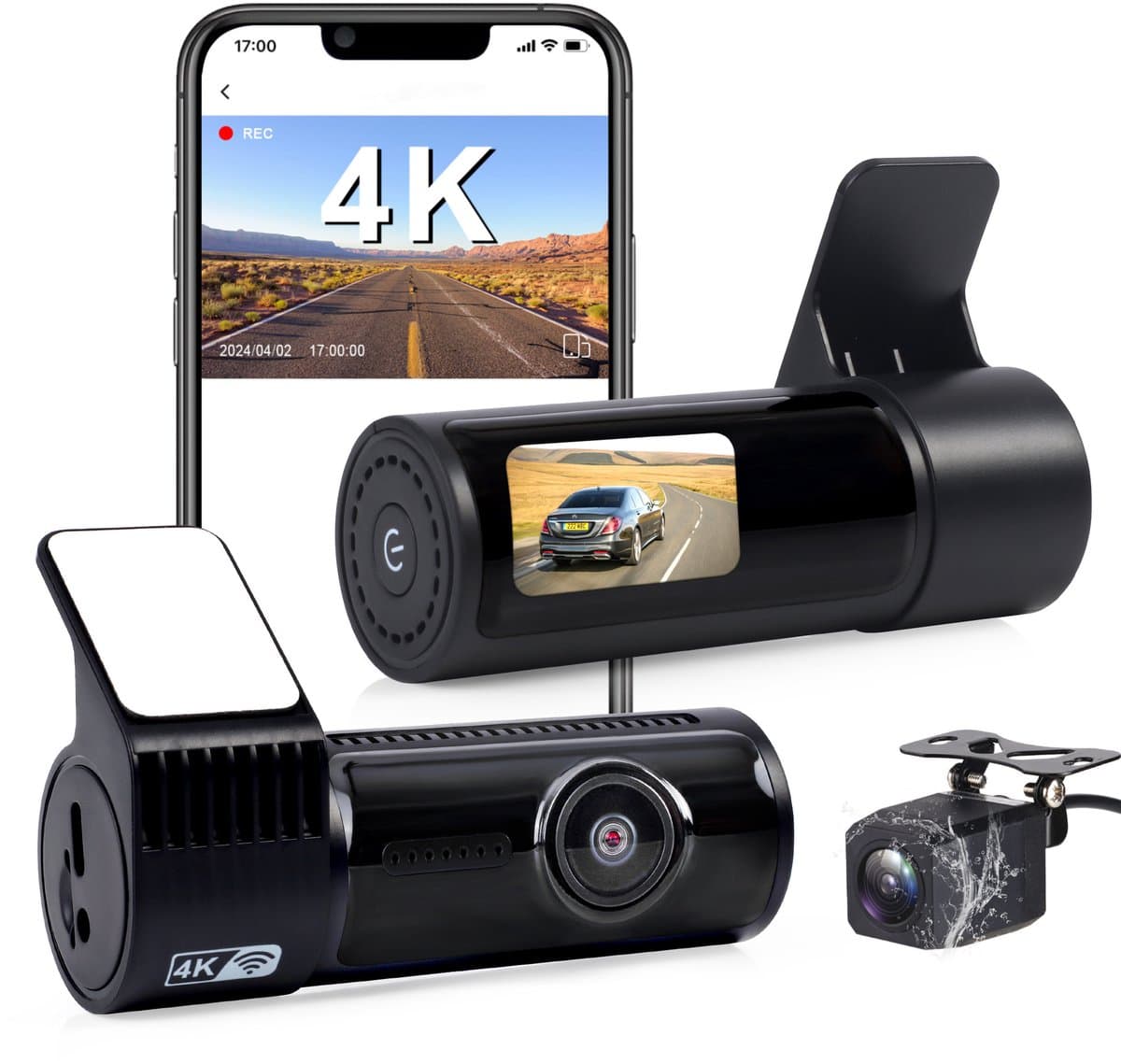Dashcam voor en achter, 4K met wifi-autocamera loopopname, G-sensor, app-bediening, super nachtzicht, 170 graden + 140 graden groothoek, veiligere supercondensator
