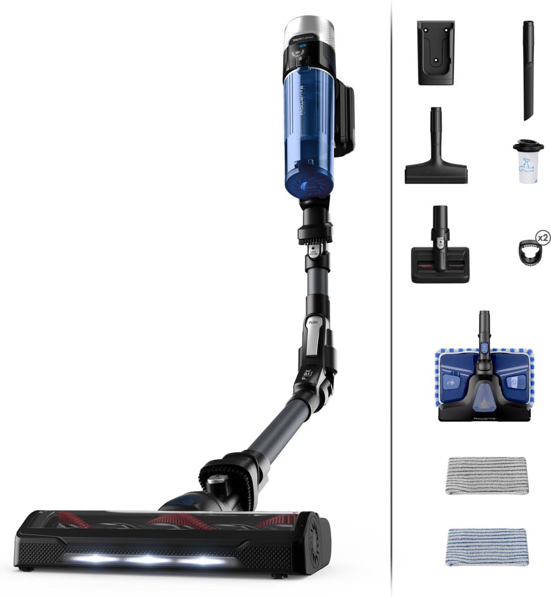 Rowenta X-Force Flex 9.60 Aqua RH20C7 - Steelstofzuiger - Draadloos - 100 Airwatt - Flexibele Buis - Met dweilfunctie - 45 min. gebruikstijd - LED verlichting zuigmond