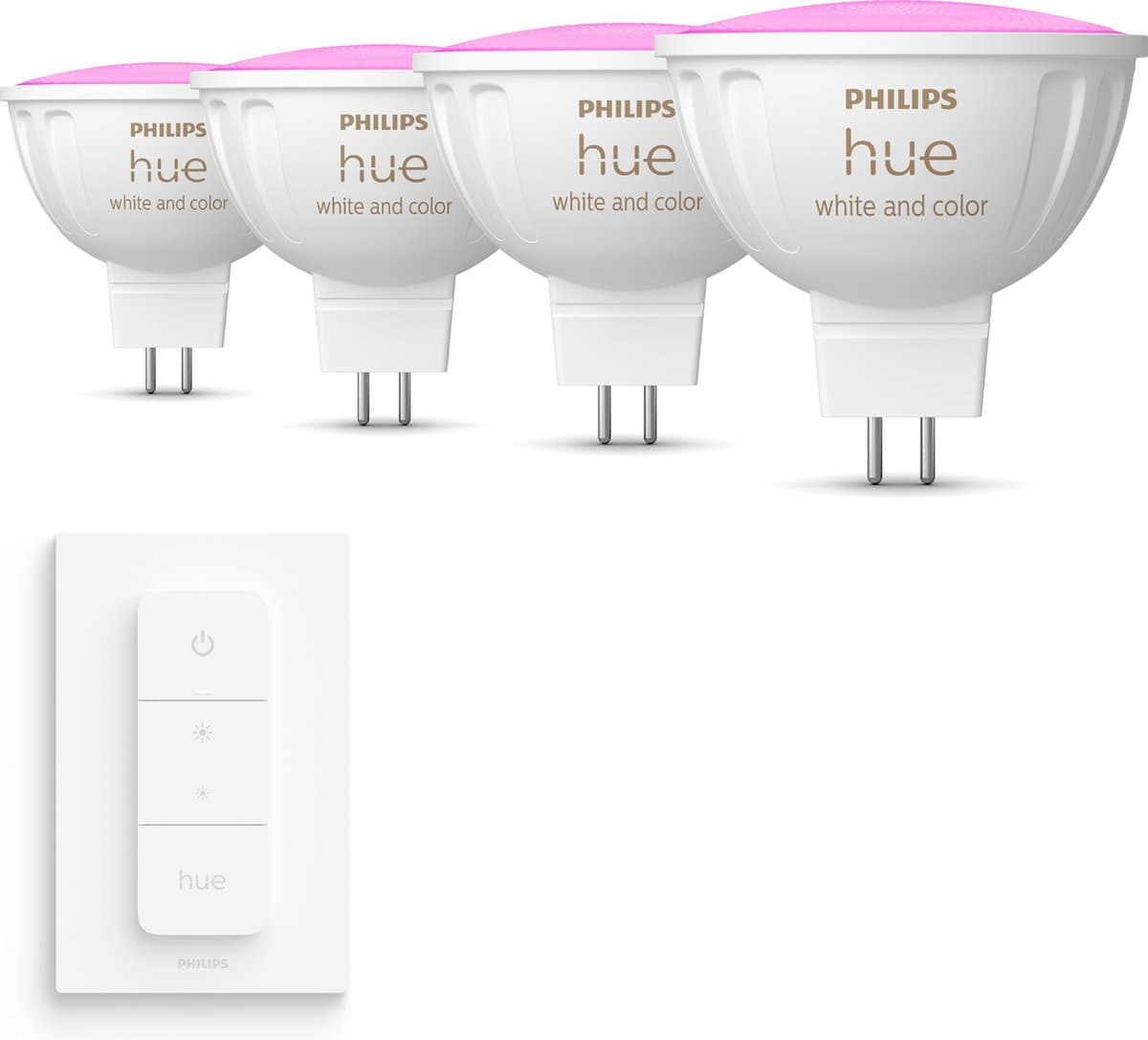 Philips Hue Voordeelpakket - GU5.3 - met 4 Spotjes (MR16) - 12V - Wit en Gekleurd Licht - Incl. 1 Hue Dimmer Switch - Hue White and Color Ambiance