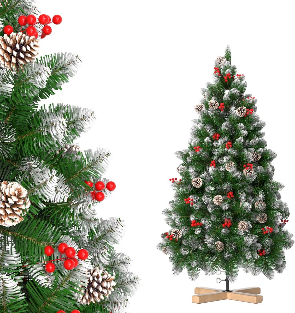 Automatische Kerstboom – 180cm Kunstkerstboom – met Witte Punten & Dennenappels