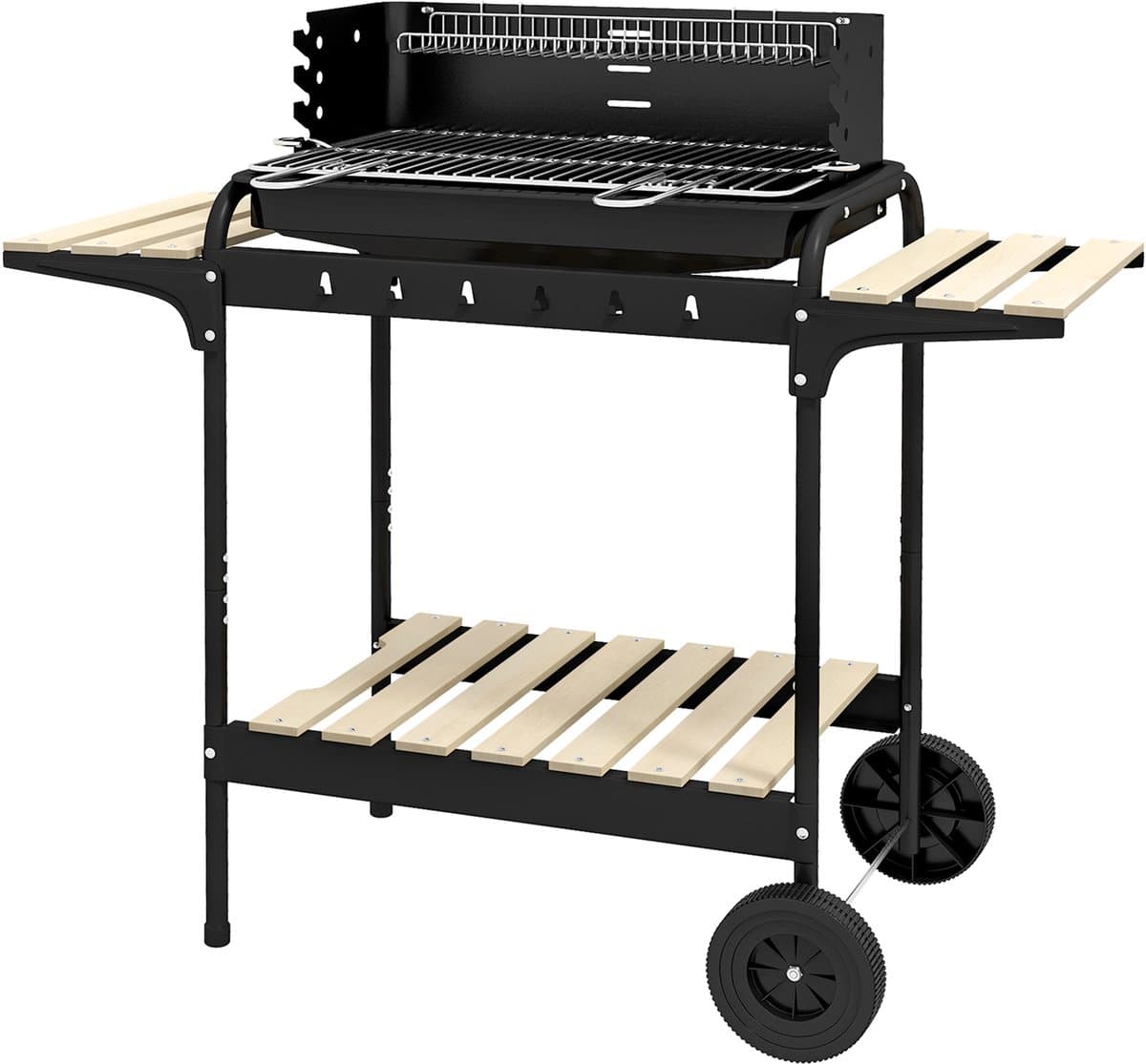 Houtskoolbarbecue van metaal BBQ-smoker met wielen, in hoogte verstelbaar grillrooster, houtrek 103x47x95 cm Zwart