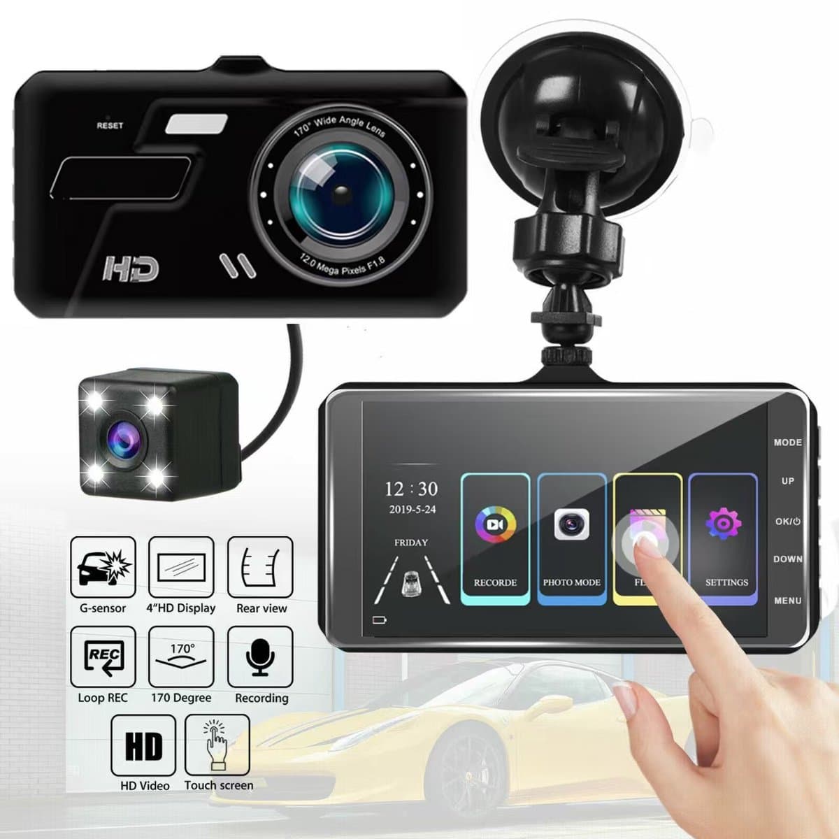 Autodashcam met twee camera's - Opnames voor en achter - Full HD - Parkeerbewakingsmodus - 170° groothoeklens