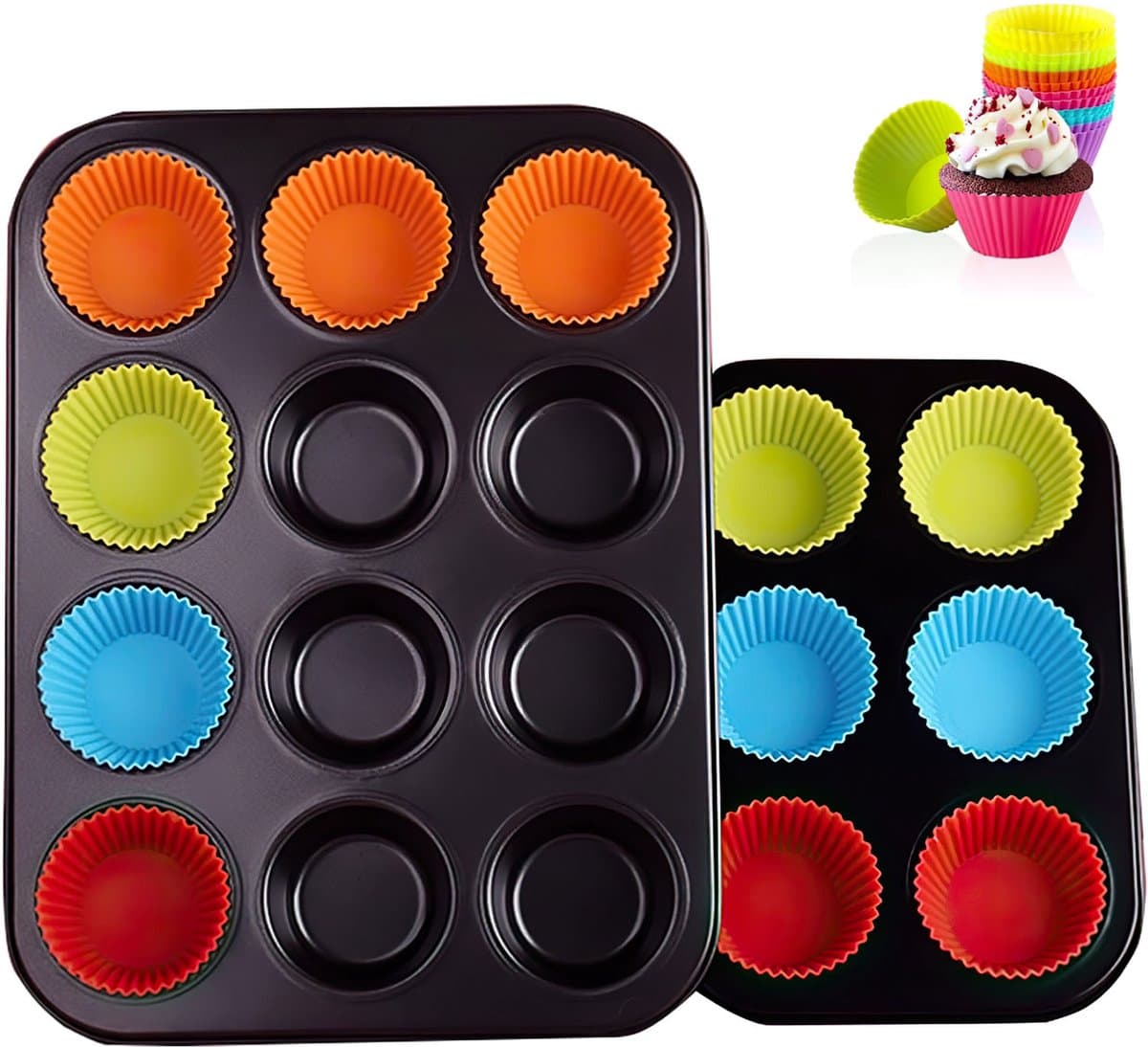 Bakplaat & Muffinvormen - 2x 12-Vaks Ronde Muffin Bakvorm Set|Anti-aanbak Koolstofstaal Bakplaat + 24 Siliconen Cups|Bakken & Dessertvorm