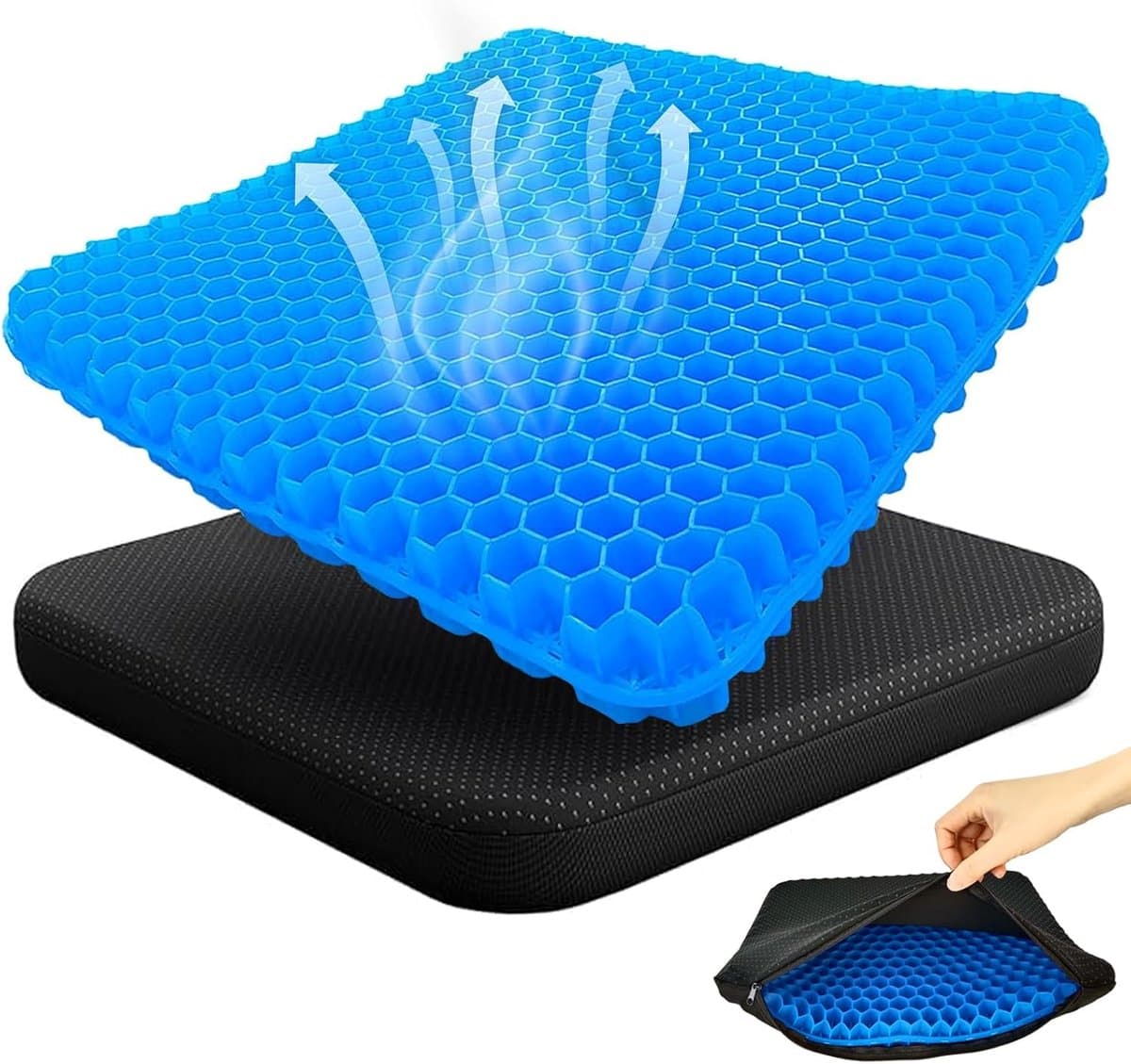Gel Seat - ZitKussen Orthopedisch - Met Antisliphoes - Verkoelende Gel - Ergonomisch - Gelkussen - Drukverlangende Gel Zitkussen - Stuitkussen - Honingraatvorm - Ventilerend - Thuiswerken - Voor Rolstoel, Auto, Kajak En Bureaustoel - Blauw