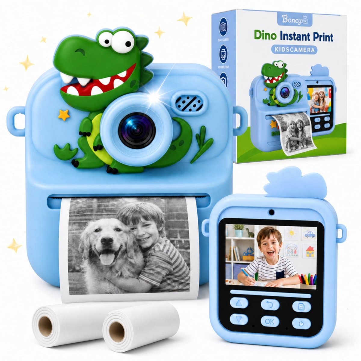Boncy® Digitale Kindercamera met Foto Printer - Instant Print Kinder Camera - Dinosaurus Fototoestel voor Kinderen Jongens & Meisjes - Digitaal Kindercamera's Speelgoed - Dino Fotocamera 48MP - Fotoprinter Speelgoedcamera Pocket Printer Blauw
