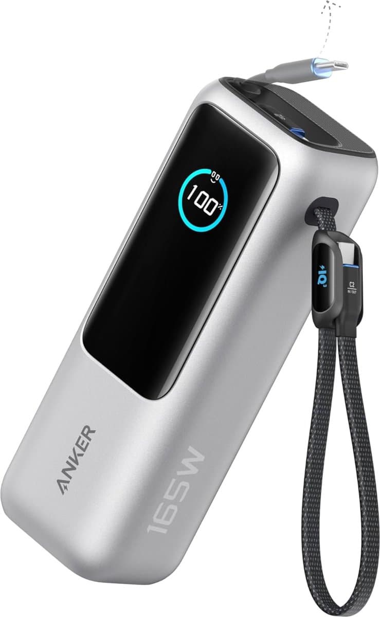 Anker Laptop Power Bank, 25.000mAh Draagbare Oplader met Drie 100W USB-C Poorten voor Meerdere Apparaten Opladen, Ingebouwde en Intrekbare Kabels- Silver