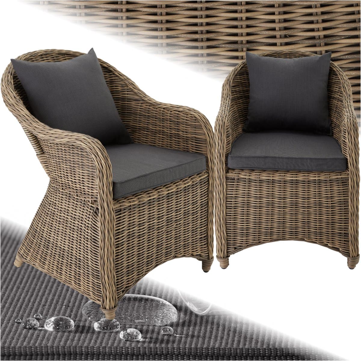 tectake® Rotan Stoelen - set van 2 – Weerbestendige Tuinstoel met Rug- en Zitkussens – Buitenstoel van Riet voor Tuin, Balkon en Serre – Naturel