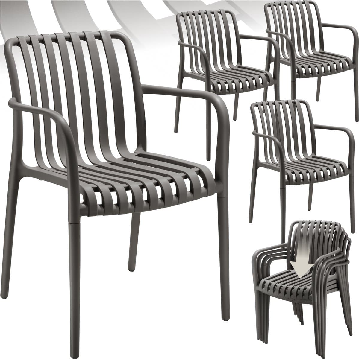 tectake® Set van 4 Tuinstoelen Alcudia - Antraciet - Kunststof Stoelen met Armleuning - Tuinset voor om de Tuintafel of op de Camping - Stapelbaar - Stoelen voor Tuin, Terras of Balkon - Weerbestendig en UV-bestendig - Draagkracht 120kg per Tuinstoel