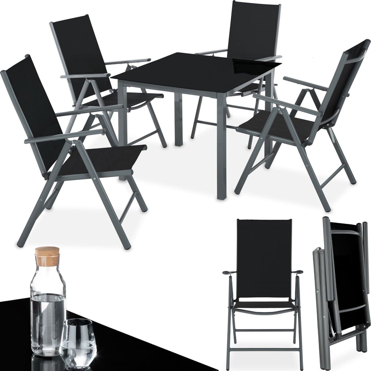 tectake® - Aluminium Tuinset - Zitgroep met 4 Tuinstoelen en 1 Tuintafel - Donkergrijs - Tuinmeubelset voor 4 Personen - Weerbestendig en UV-bestendig - Stoelen met verstelbare Rugleuning - Tuintafelset