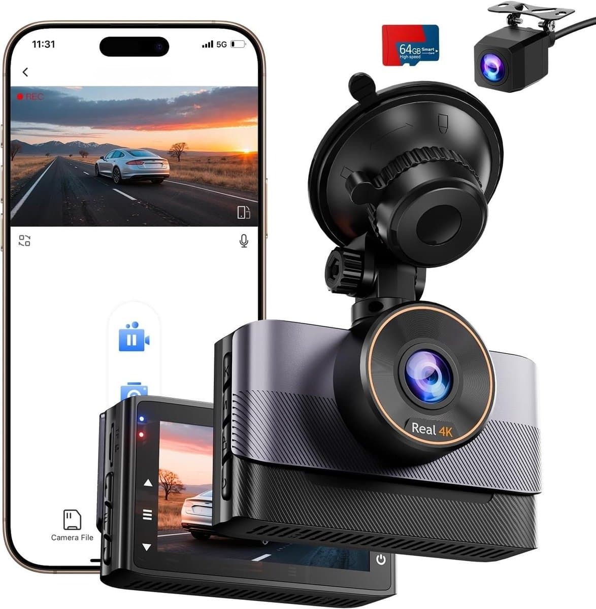 SNJY® Dashcam voor Auto - Auto Camera - Dashcam Voor en Achter Draadloos - 4 K - 64 GB - Zwart