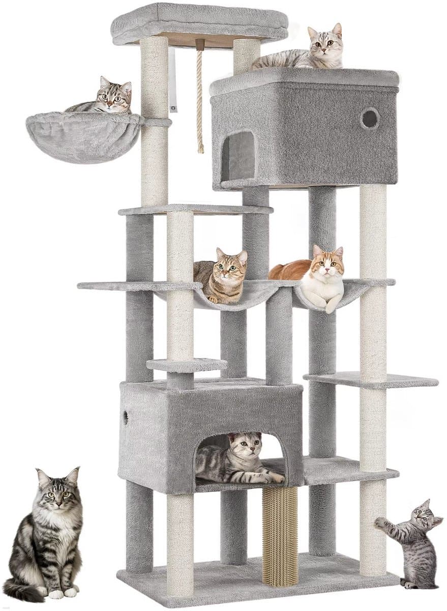 Multi Level Cat Tower - 200 cm - Krabpaal Katten Groot – Met 10 Krabpalen en 2 Hangmatten – Kattentoren met 2 Holletjes, Mand en Platform – Inclusief Kattenborstel – Geschikt voor Grote Katten en Kittens