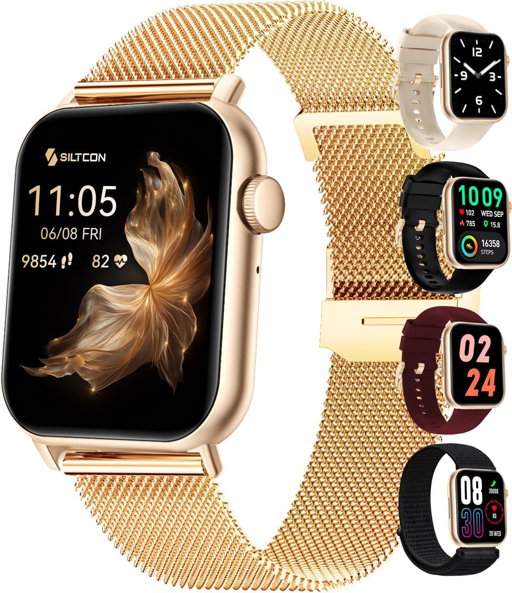 Siltcon® Seréa Smartwatch Dames - Horloge Dames - Stappenteller Horloge Dames - Hartslagmeter - Slaapmonitor - Saturatiemeter - Belfunctie - Geschikt voor iOS/Android - AMOLED - RVS - Elke pols - Incl. 5 Bandjes