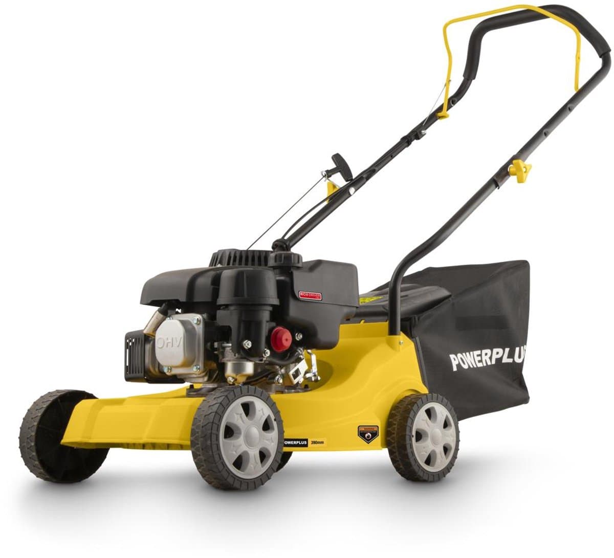 Powerplus benzine grasmaaier - 390 mm Ø en 132 cc, tuintoestel op benzine, met grasopvangsysteem en achteruitworp