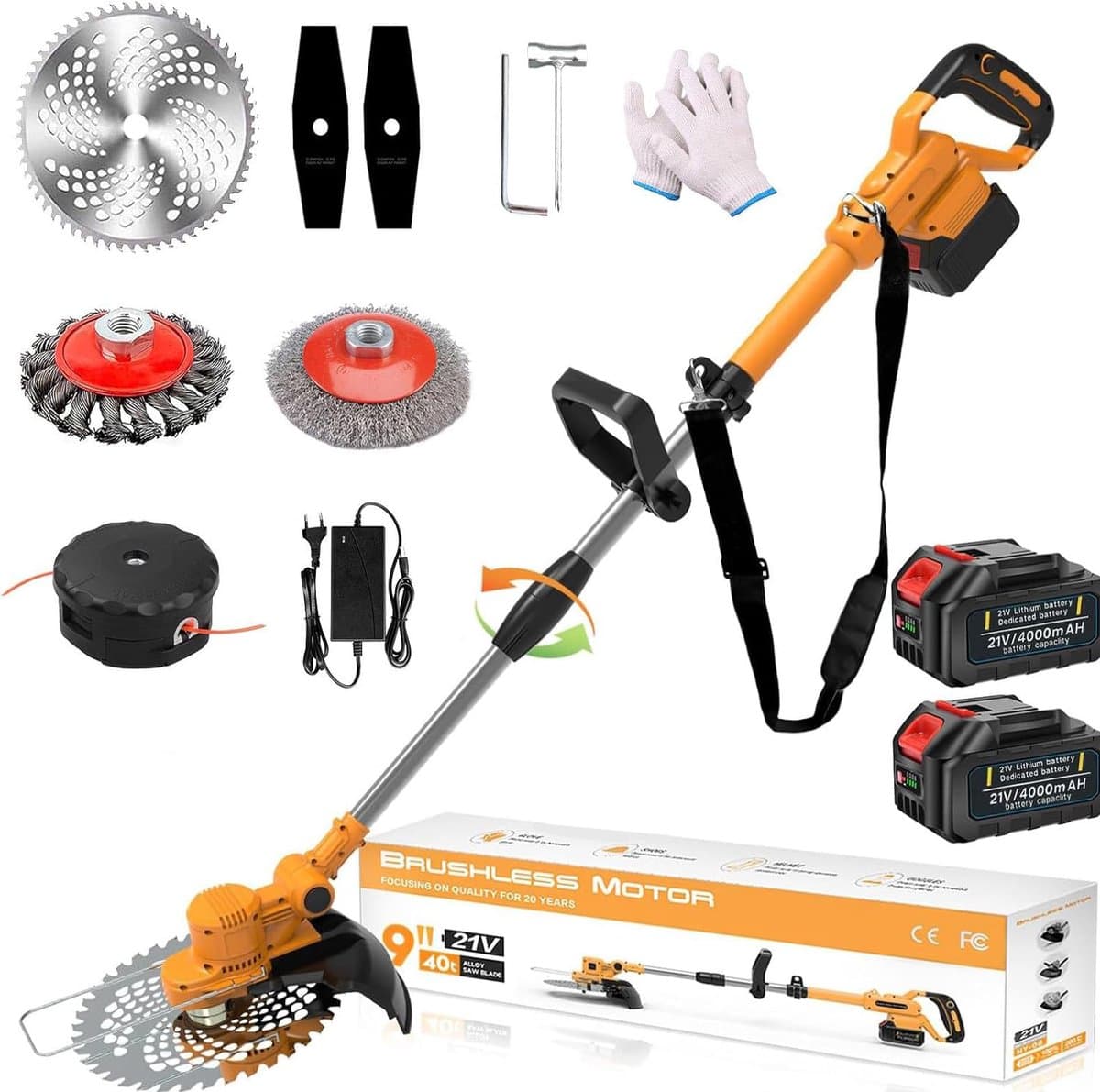 Traumheim Accu Grasmaaier - Elektrische Grastrimmer met 2x 4.0Ah Accu & Lader - Onkruidwieder voor Tuinonderhoud - 750W Accu Grasmaaier - Oranje