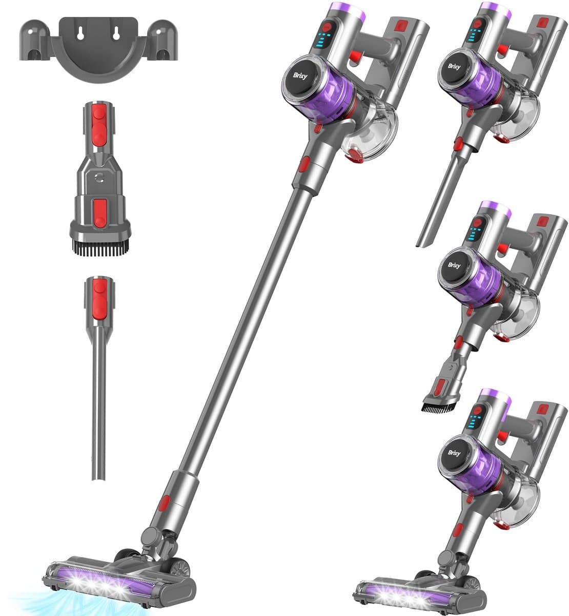 Brixy Steelstofzuiger Draadloos - 30 kPa Zuigkracht - 50 Min Gebruiktijd - Meerdere Filters - Kruimeldief - Draadloze Stofzuiger - Vacuum Cleaner - Grijs/Paars