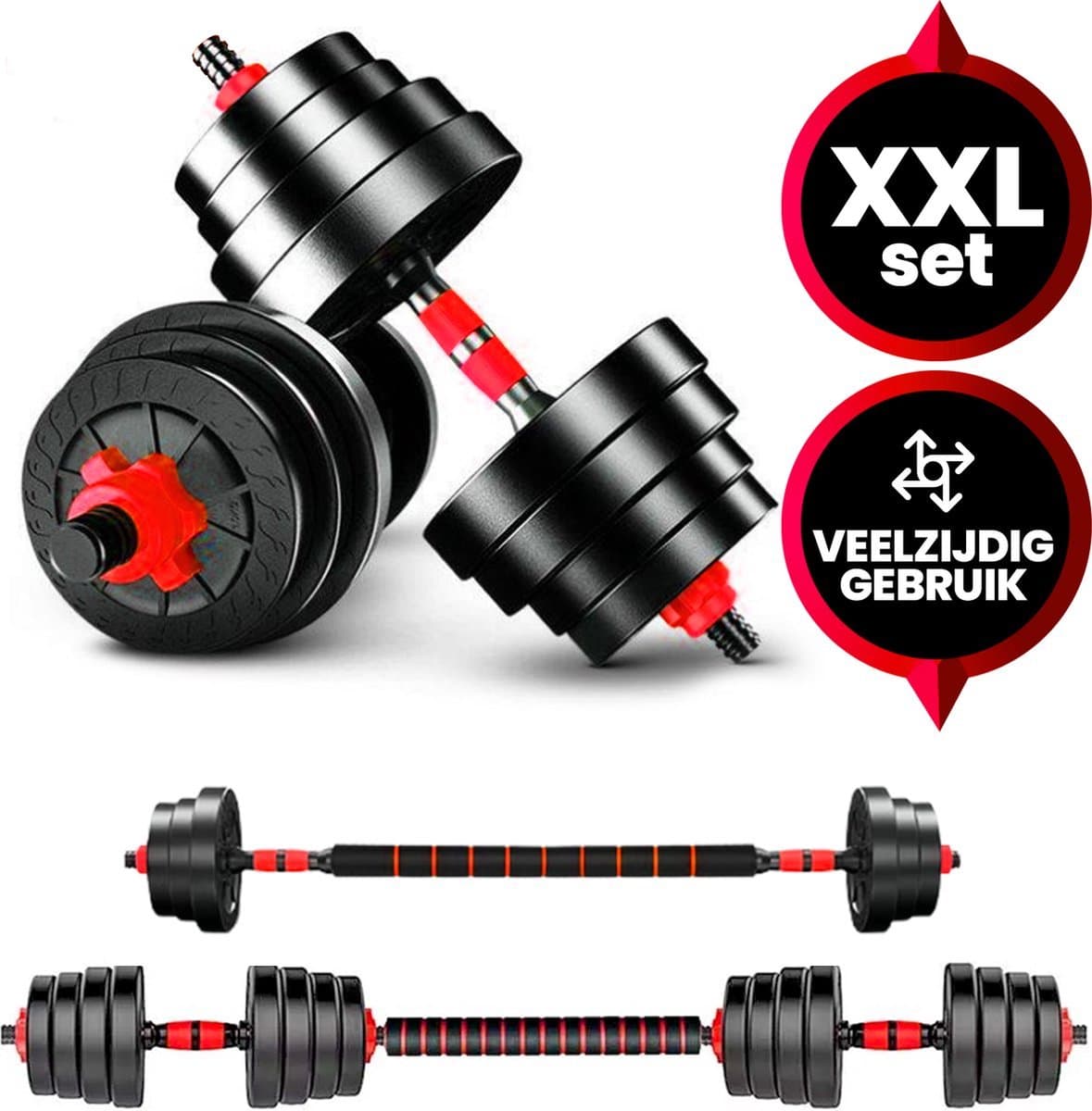 Verstelbare Dumbbell set tot 30kg - Halterset 2x15kg – 2-in-1 Gewichten – Home Gym - Krachttraining – Dumbells - Viper Sports - Rood
