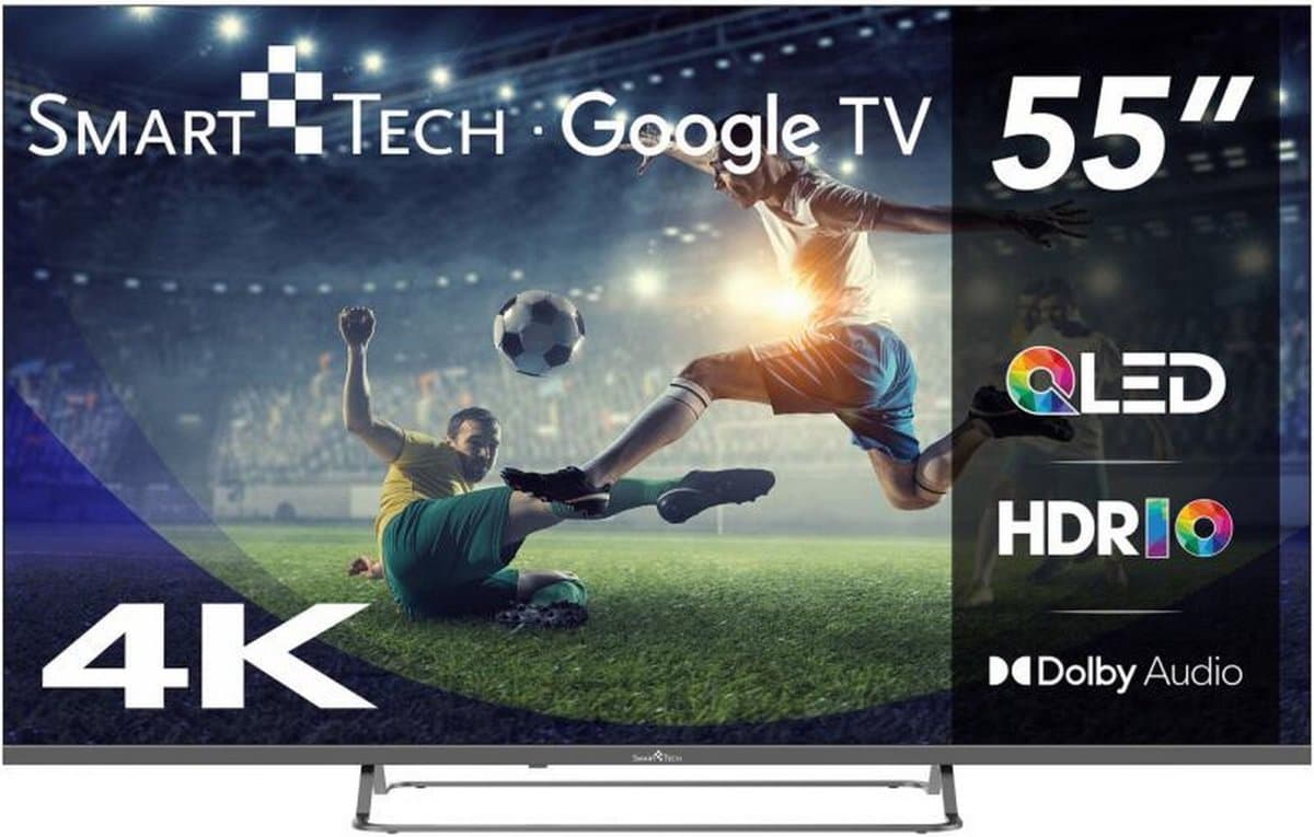 Smart Tech 55QG02V Smart TV 55 Inch 4K Ultra HD QLED Display Google TV-systeem Dolby Audio HDR10 Klasse E kleur Grijs