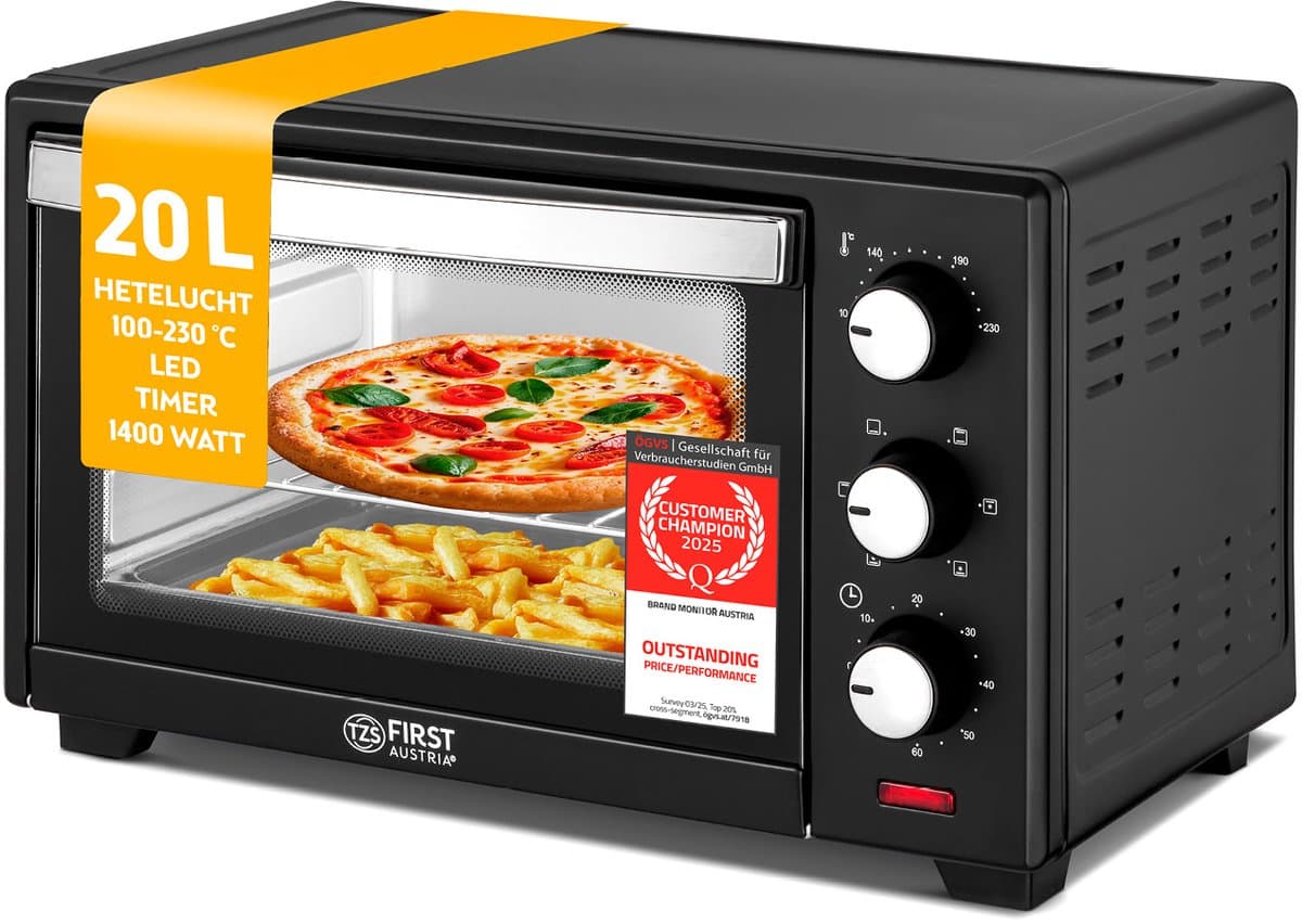 TZS First Austria Mini oven 20L - 1380W- Vrijstaande Heteluchtoven - max 230°C - Timer - Zwart