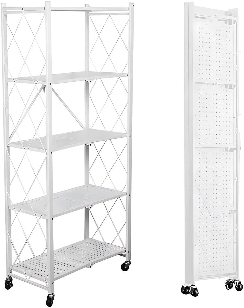 FOXSPORT Inklapbare stellingkast -5 plank kast - Opbergplanken - Met 360° wielen - Open Vakkenkast - Keuken Opslag - Keuken Organizer - Stevig Opbergrek Magnetron - Keukenrek - Roestvrij Staal - Industrieel - 71.5x36.5x163cm - Wit