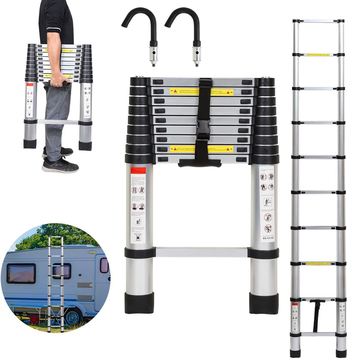 Telescopische Ladder - Telescoopladder - 2,6m zilver + haak, Max. Belasting 150 kg, Compact en Draagbaar met Soft Closing Systeem, Geschikt voor Particulier en Professioneel Gebruik, Telescopische Vouwladder