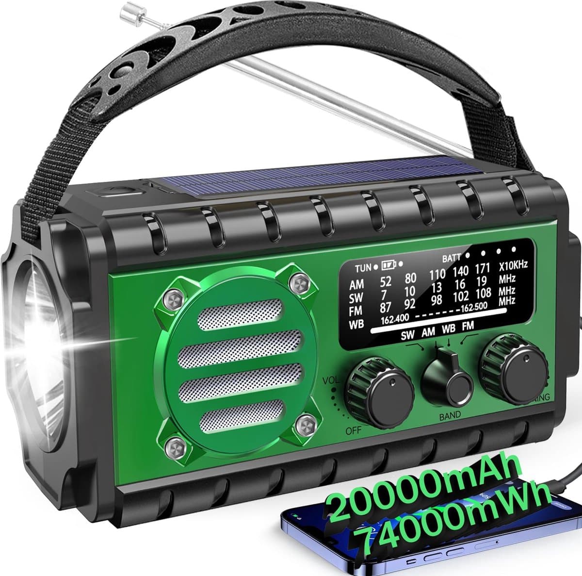 Noodradio met 20000mAh Powerbank - SW/NOAA/AM/FM weerradio, handbediende oplader met grote batterij, draagbaar, opladen van mobiele telefoon, SOS, zaklamp voor noodgevallen/thuis en outdoor