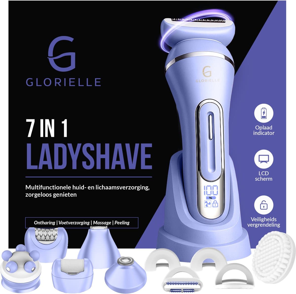 Glorielle® 7-in-1 Ladyshaves voor Vrouwen - Elektrisch Scheerapparaat - Epileerapparaat Dames - Bikini Trimmer - 7 Opzetstukken & Oplaadbaar - Schaamhaar & Gezichtsontharing - Wenkbrauw & Gezichtsepilator Vrouw - Bikinilijn & Intieme zone Scheren