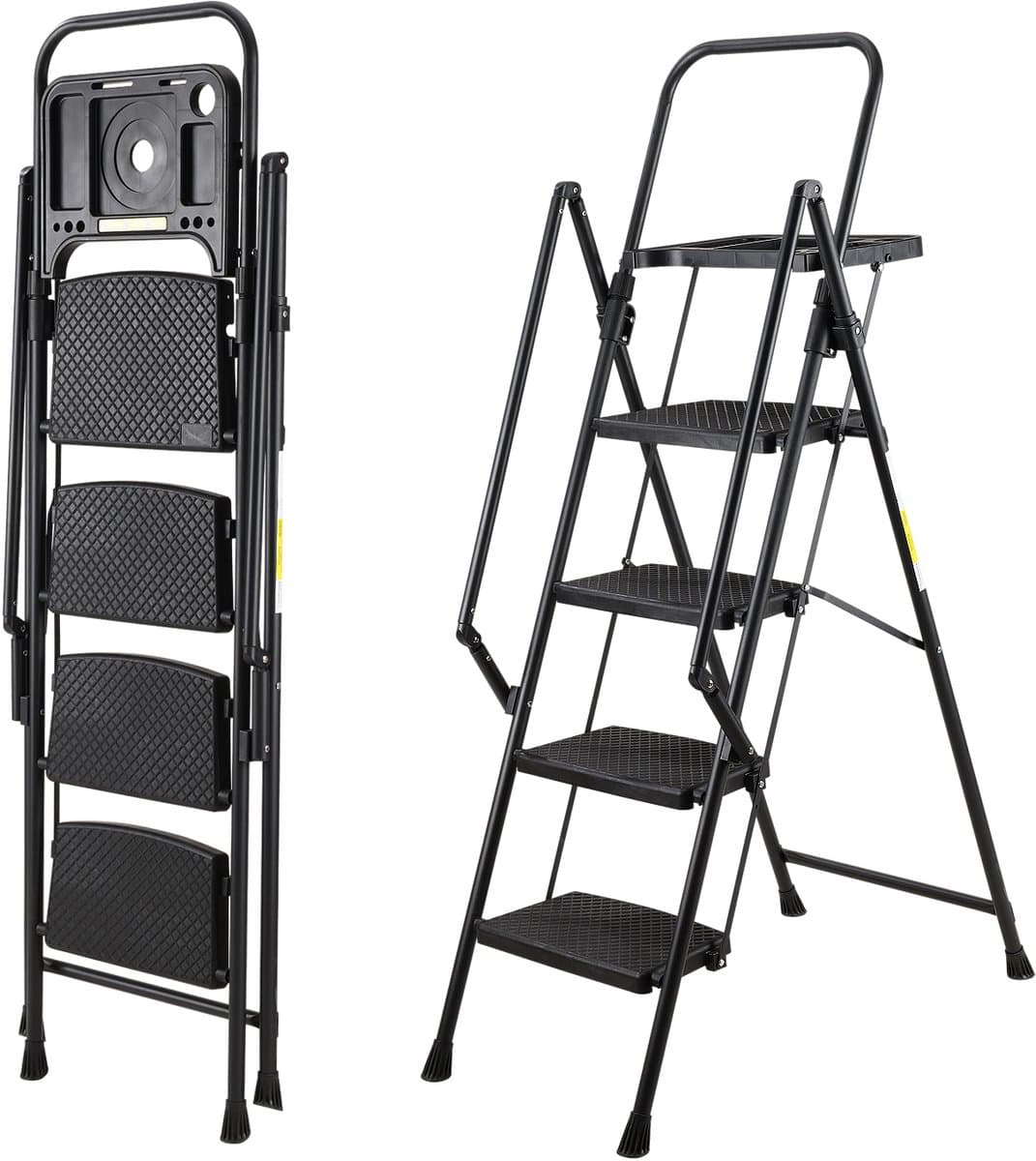 Inklapbare Trap - Keukentrap - Stalen Vouwladder-Huishoudtrap – Antislip –Met Leuning – Veiligheidsvergrendeling - 150 kg - Thuis - 4 Treden- Opvouwbaar-Zwart