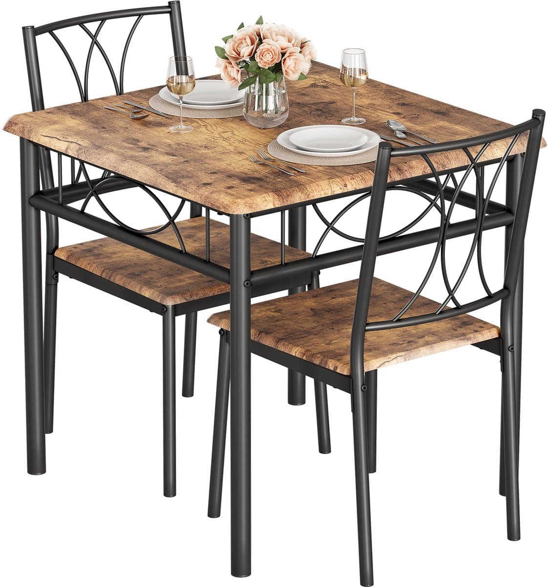 Eettafel Set - 74x74x76cm - Vierkante Tafel met 2 MDF-Stoelen - Voor 2 Personen - Geschikt voor Woonkamer Eetkamer of Appartement - Bruin