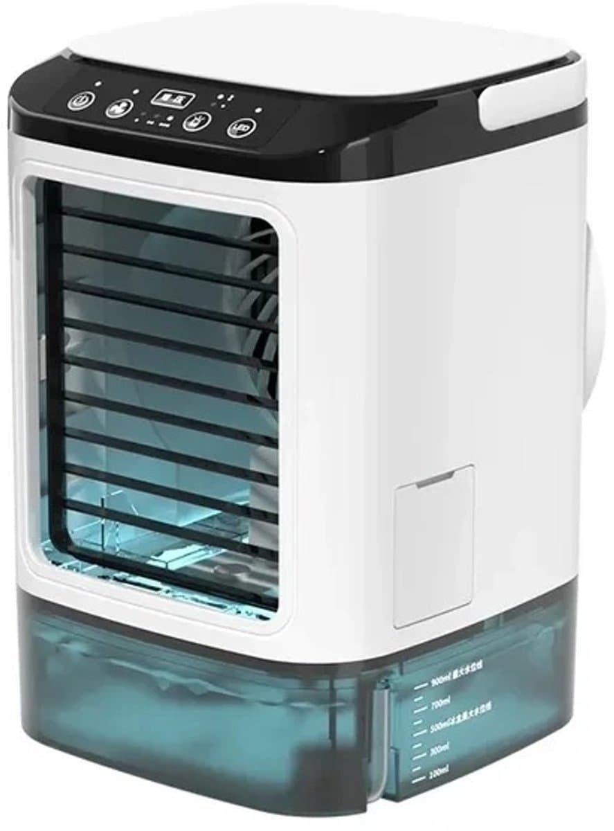 Velmio Airco - Mobiele airco - Met Ijsbox - Extra Verkoelend - Mini airconditioning - Draagbaar - Vernevelend - Met Nachtlamp - 900ML Tank - Voor Slaapkamer, Kantoor en Camping - 16,5×16,5×24cm