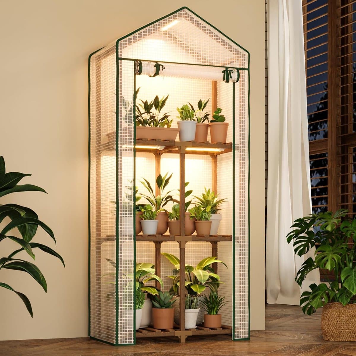 Mini Kas met Groeiverlichting - Plantenrek Binnen & Buiten - 3-Laags Kweekkas - Kweekrek met LED-verlichting - Plantenkas met PE Deksel - Compacte Broeikas - Voor Terras & Woonkamer - Boho Decoratie - Inclusief Groeilampen - Warmtehuis