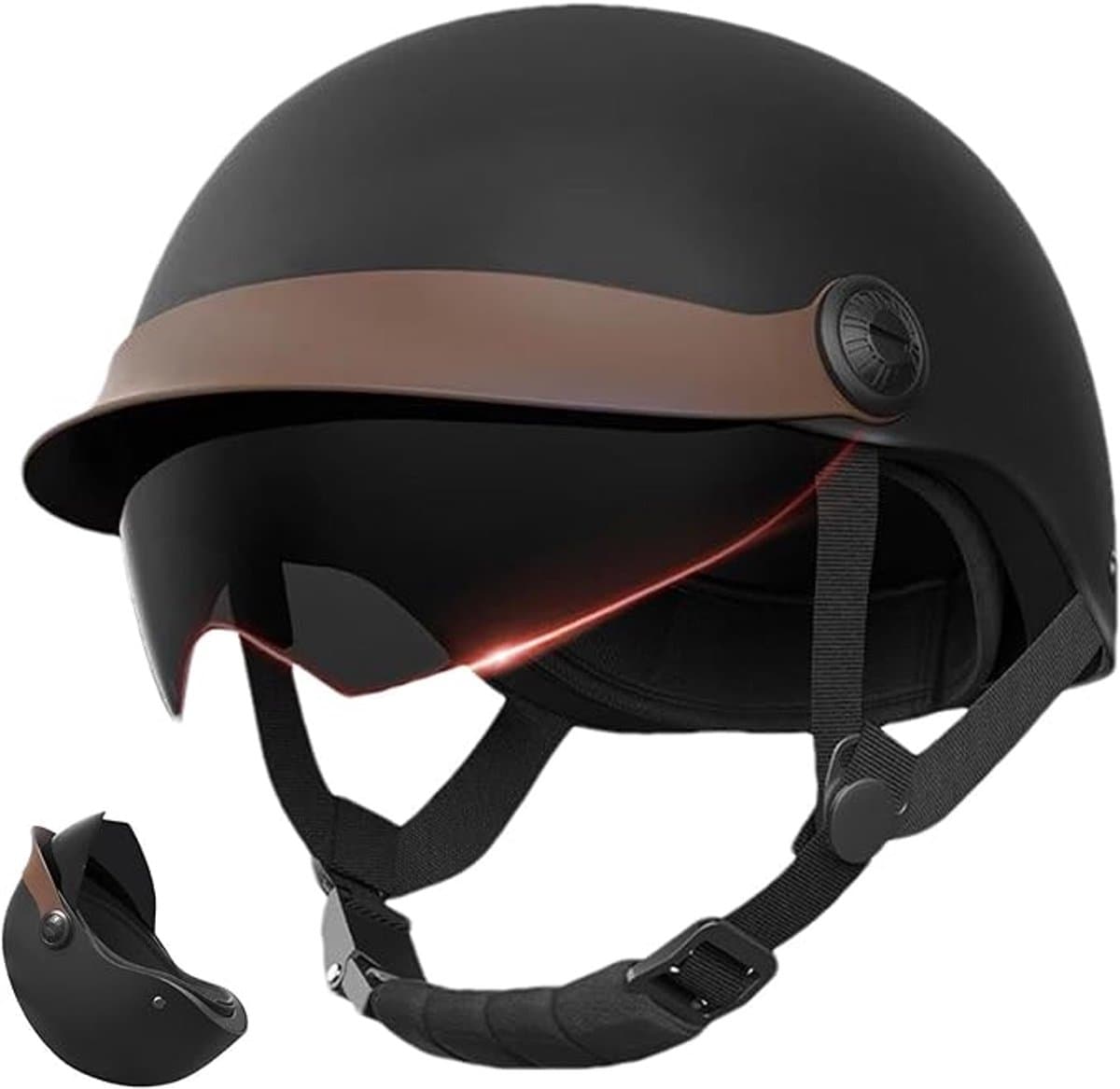 Jethelm met vizier, scooterhelm, bromfietshelm, ideaal voor motorfiets, scooter, bromfiets, modieuze helm, comfortabele motorhelm voor heren en dames, zwart (54-62cm)