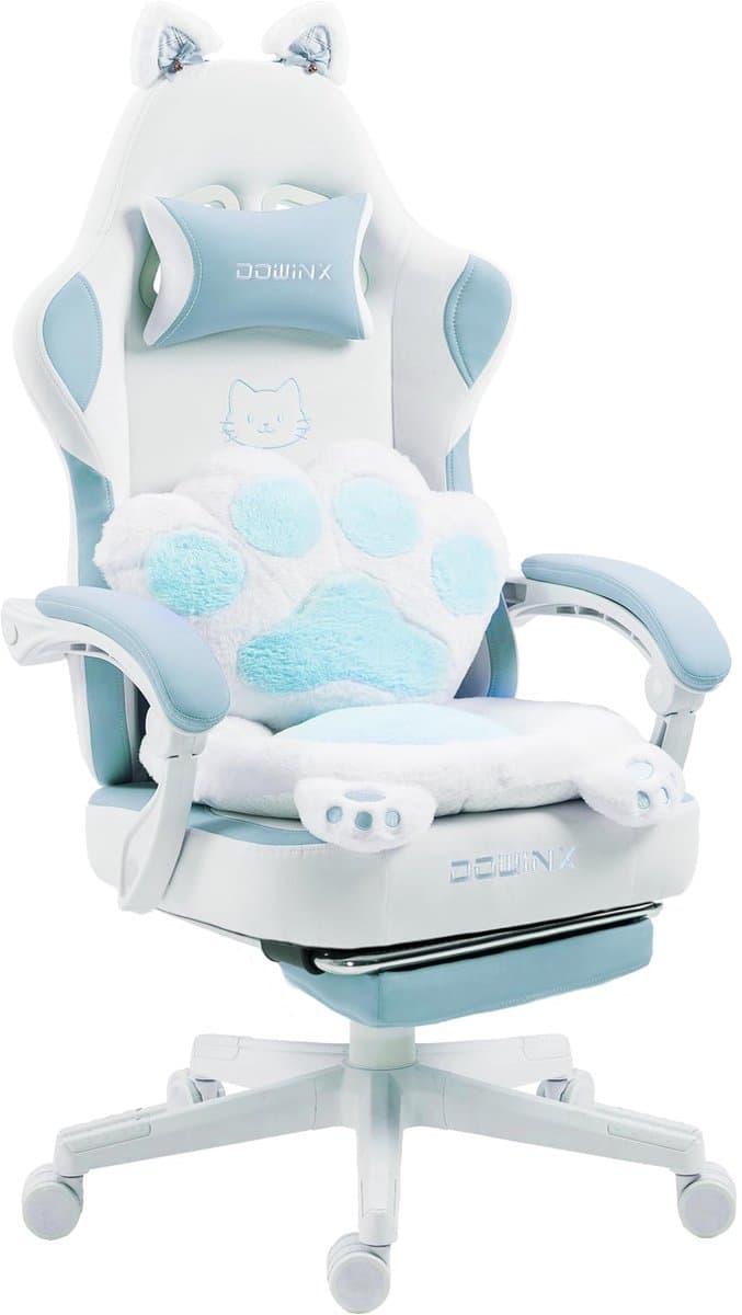 Dowinx Gaming Stoel Ergonomisch met Voetsteun – Vleugelloze Zit – Verstelbare Rugleuning – Zachte Stof – Blauw-wit – Voor Gaming, Werk en Studie – Middelgroot