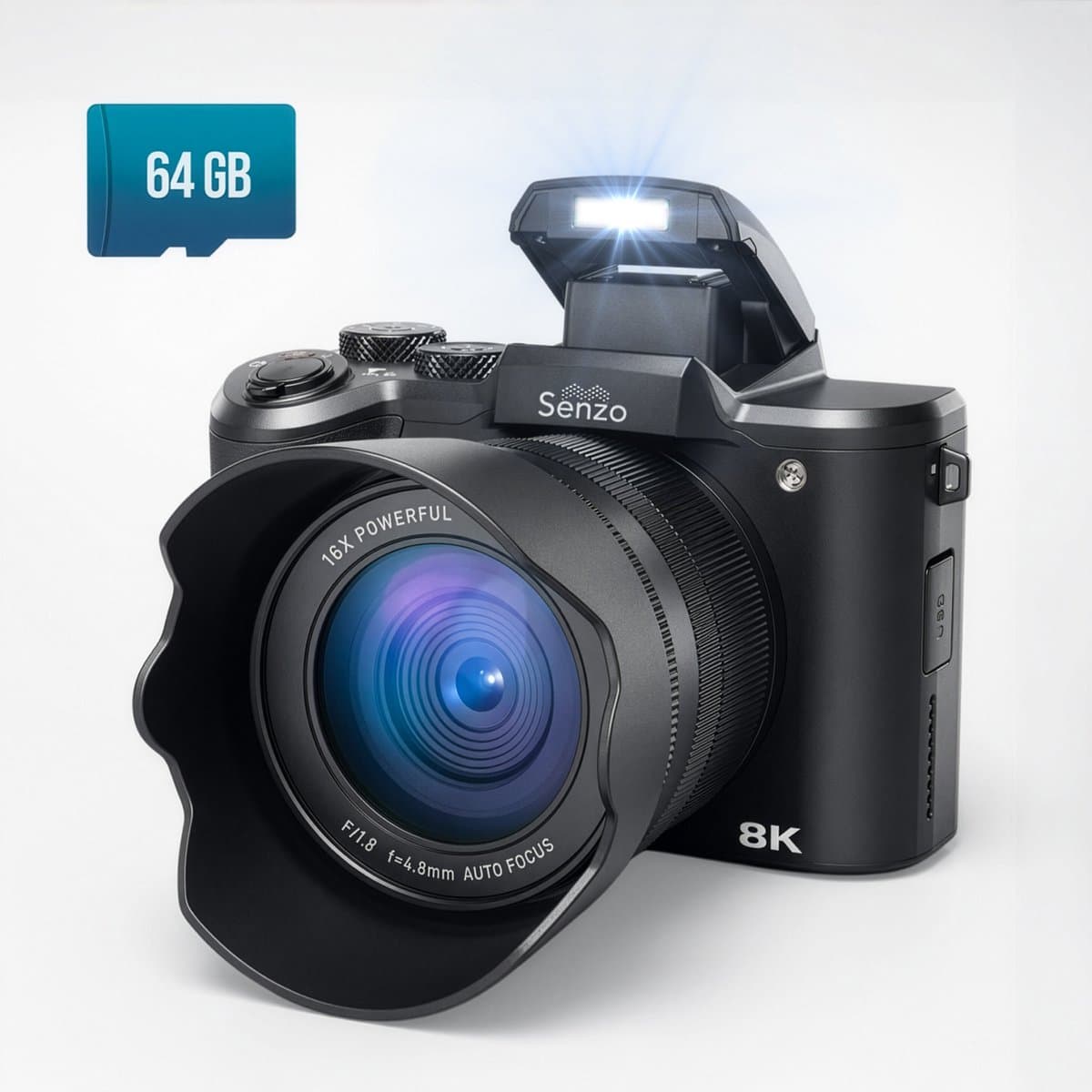 Senzo Digitale Camera 8K met WiFi - 88MP - 16 x Zoom - 60FPS - HDR - Fotocamera - Fototoestel - Compact Camera - Vlog Camera - Video Camera - 64GB