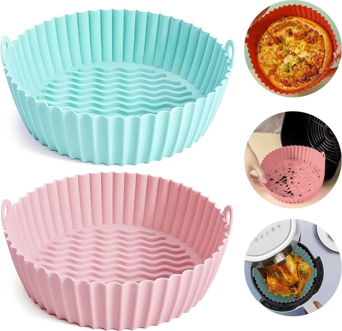 Airfryer Accesoires - Airfryer Siliconen Bakje - Airfryer Bakpapier Alternatief - Bakvorm Airfryer - Herbruikbaar - Set van 2 stuks - 20 cm - Roze - Groen